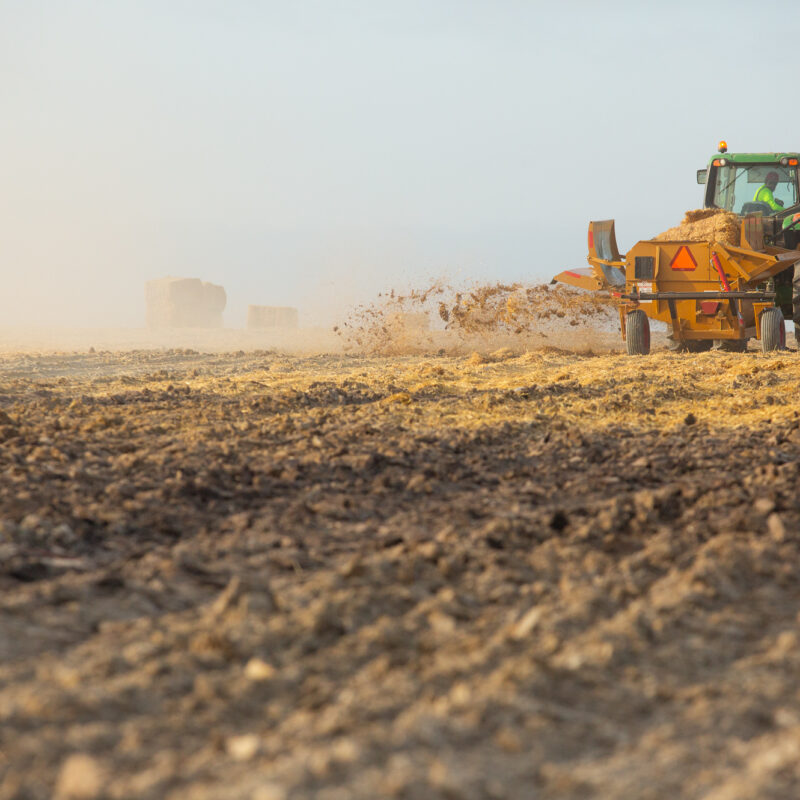 Tractor spreading straw on field under gray sky.