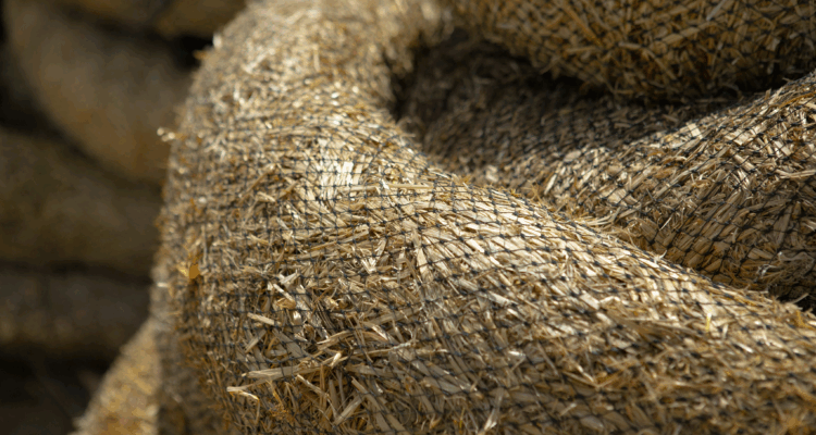 Coiled straw wattles wrapped in netting for erosion control.